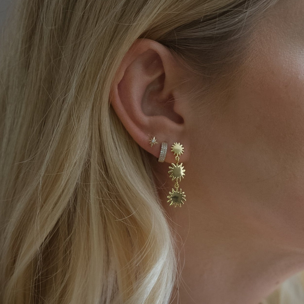 Triple Sunburst Flower Dangle Gold Earrings in 18k Gold Vermeil 925 Sterling Silver