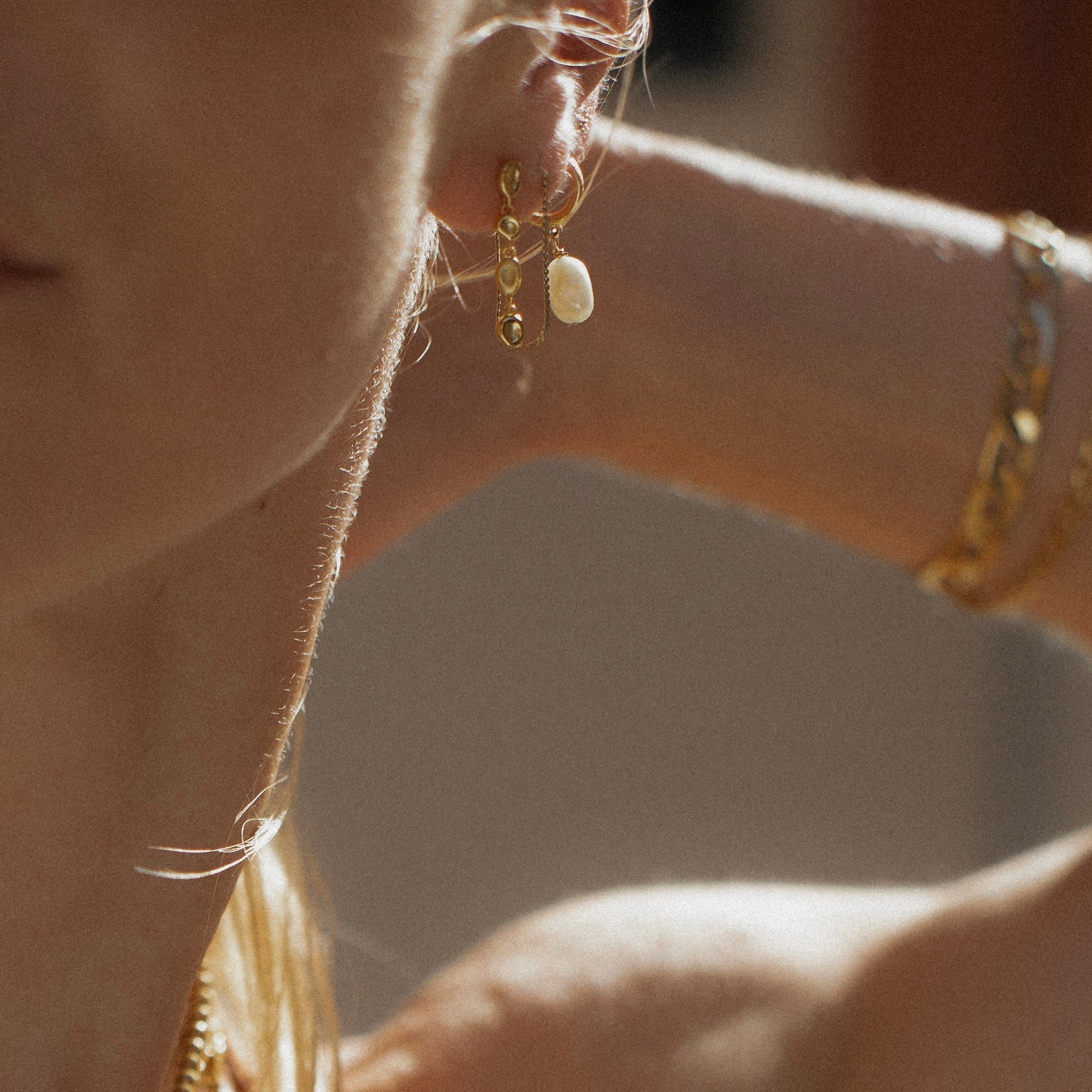 Small Dangle Freshwater Pearl Everyday Huggie Hoop Gold Earrings