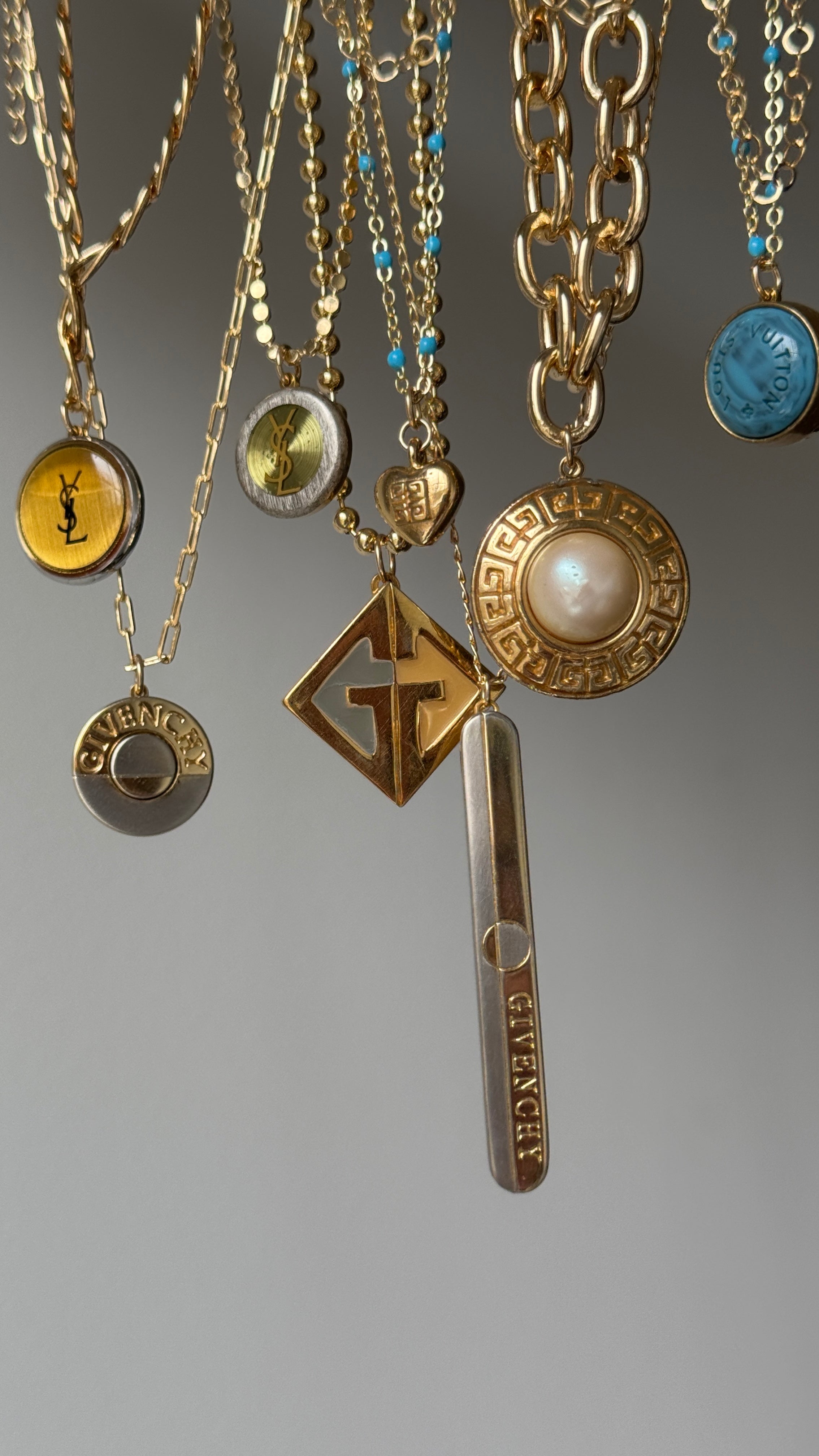 vintage designer authentic repurposed pendant necklaces shimmering from gold filled chains