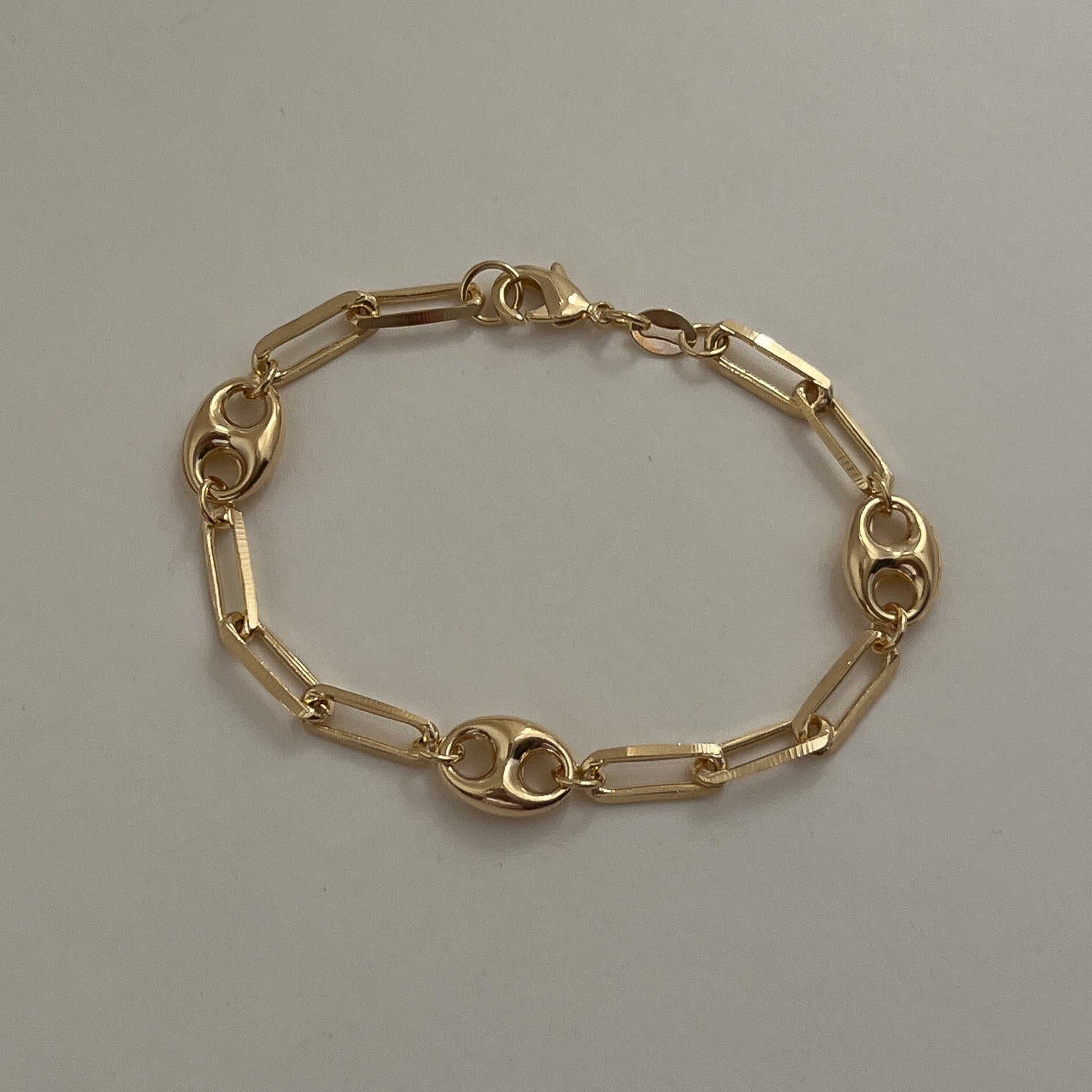 18k Gold Filled trendy mariner link bracelet set into a paperclip link chain