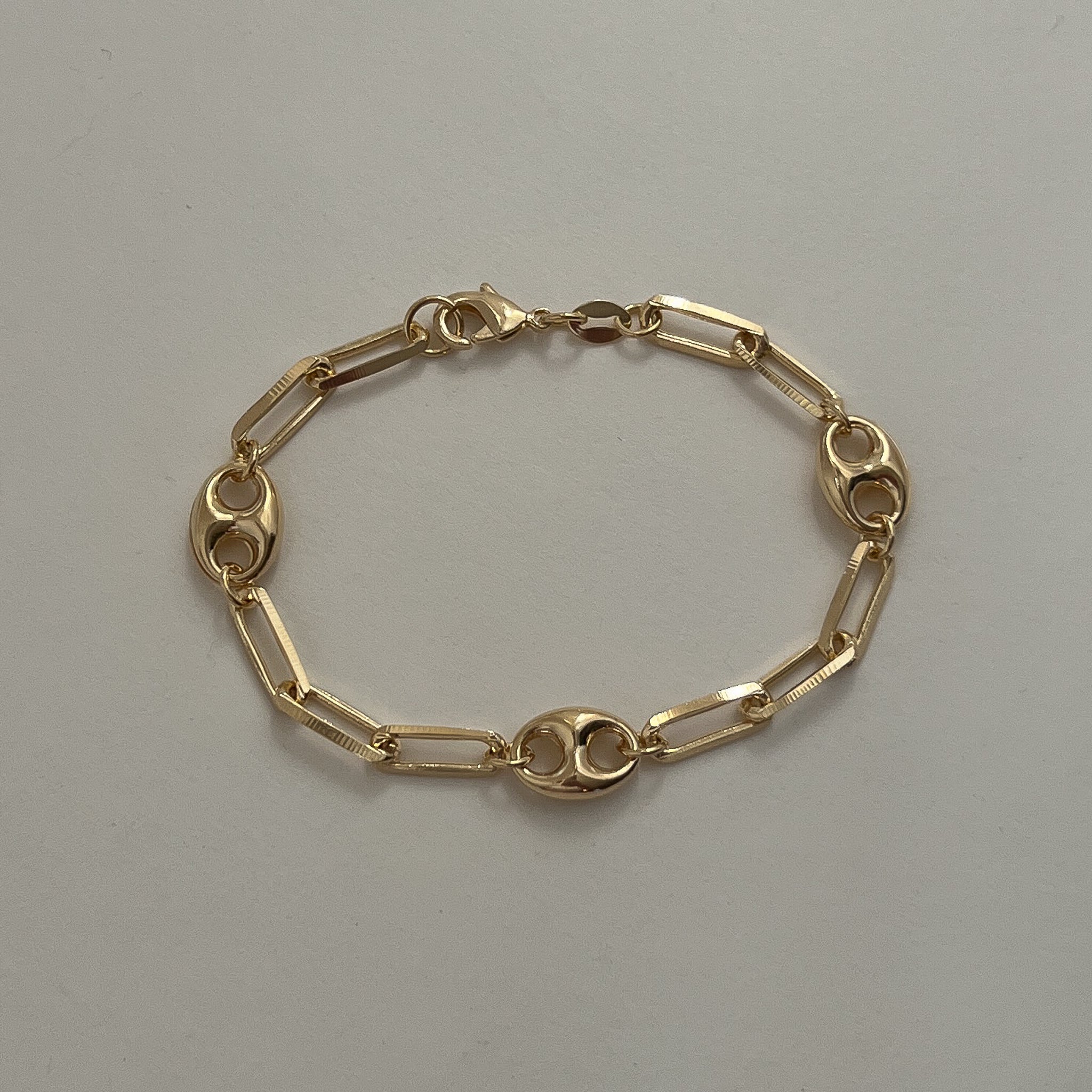 18k Gold Filled trendy mariner link bracelet set into a paperclip link chain