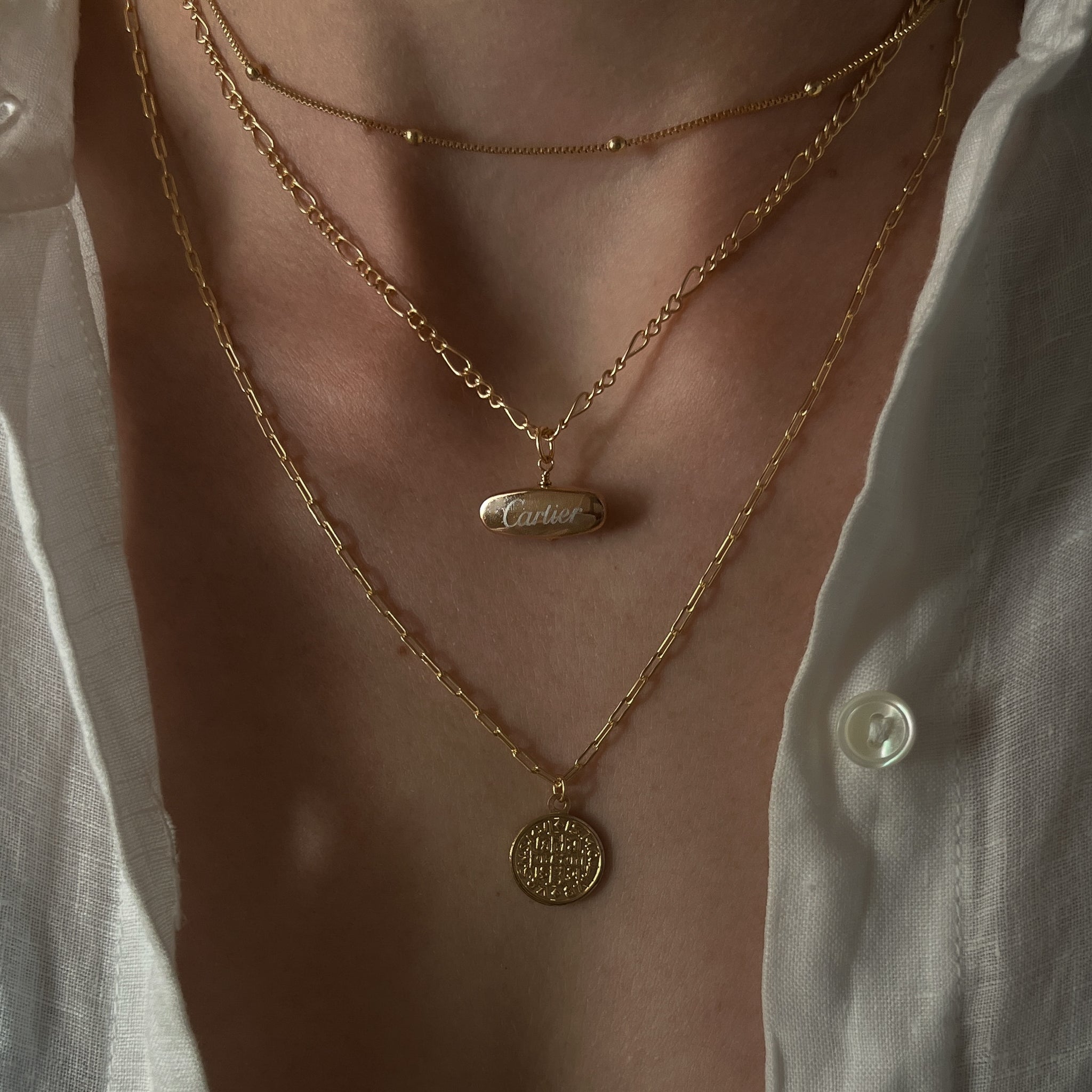 Vintage Authentic Repurposed Designer Cartier Pendant Necklace on 18k Gold Filled Satellite ball Chain