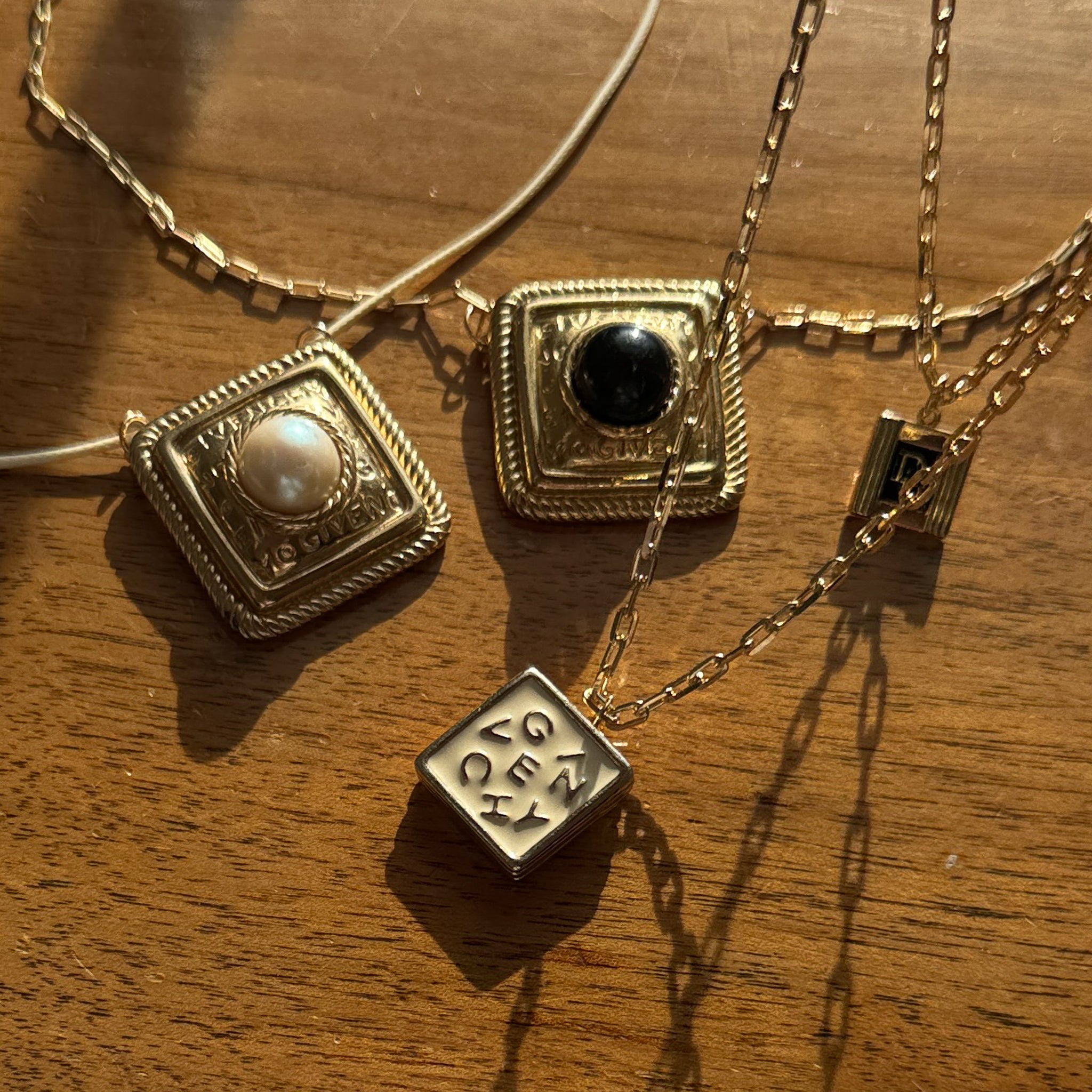 Vintage Givenchy Cream Letter Logo Square Pendant Necklace. Designer Luxury. Repurposed. Authentic.