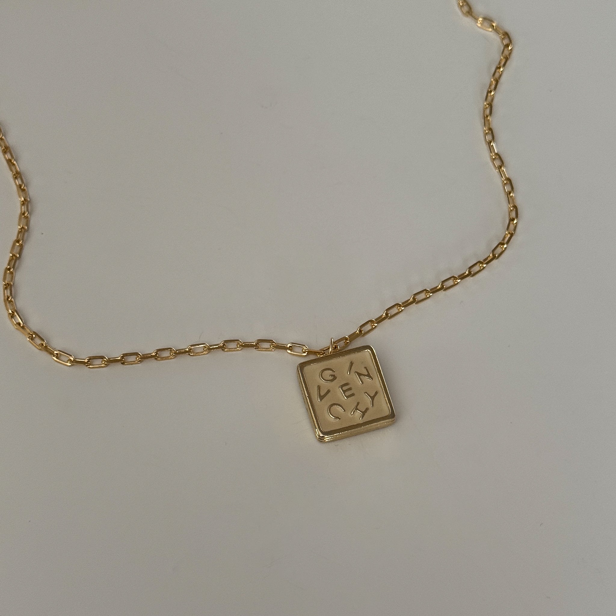 Vintage Givenchy Cream Letter Logo Square Pendant Necklace. Designer Luxury. Repurposed. Authentic.