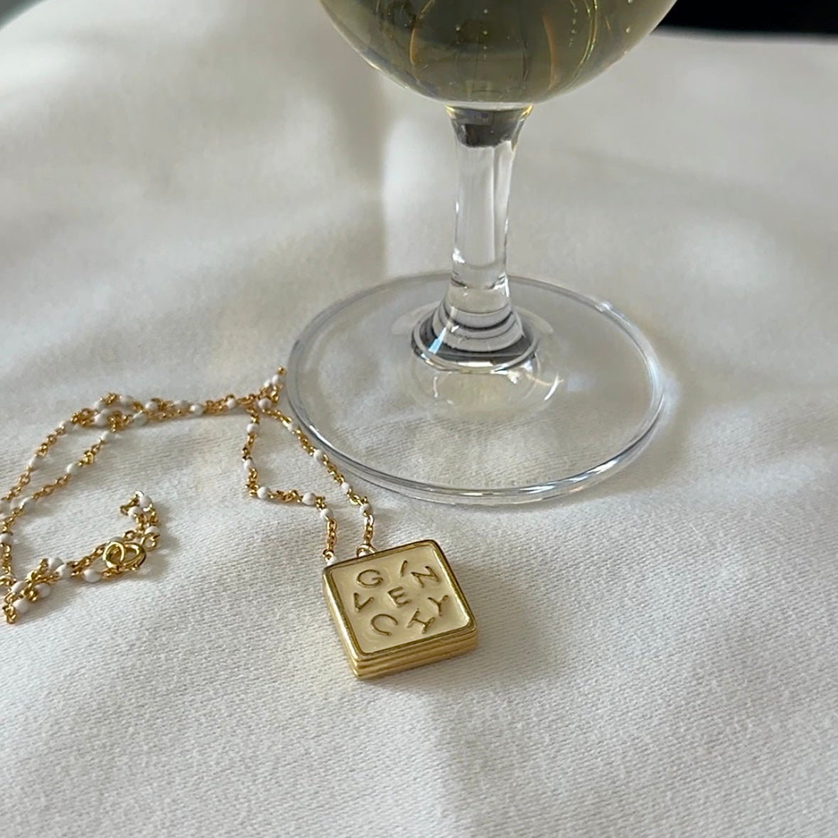 Vintage Givenchy Cream Letter Logo Square Pendant Necklace. Designer Luxury. Repurposed. Authentic.