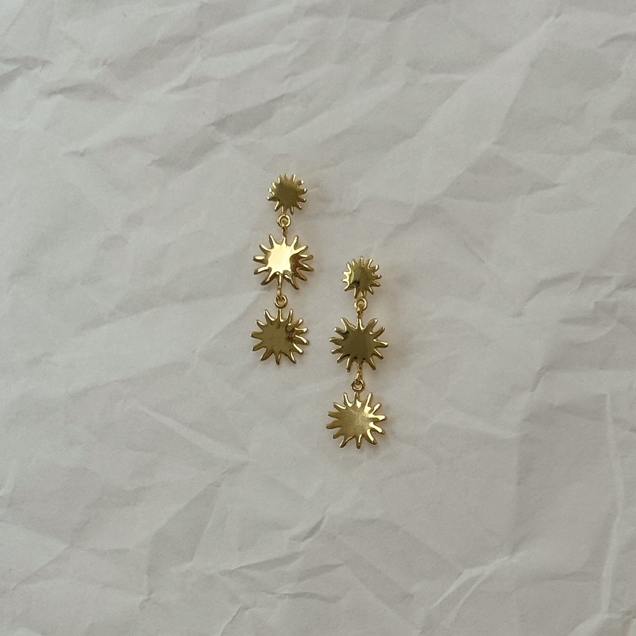 Triple Sunburst Flower Dangle Gold Earrings in 18k Gold Vermeil 925 Sterling Silver