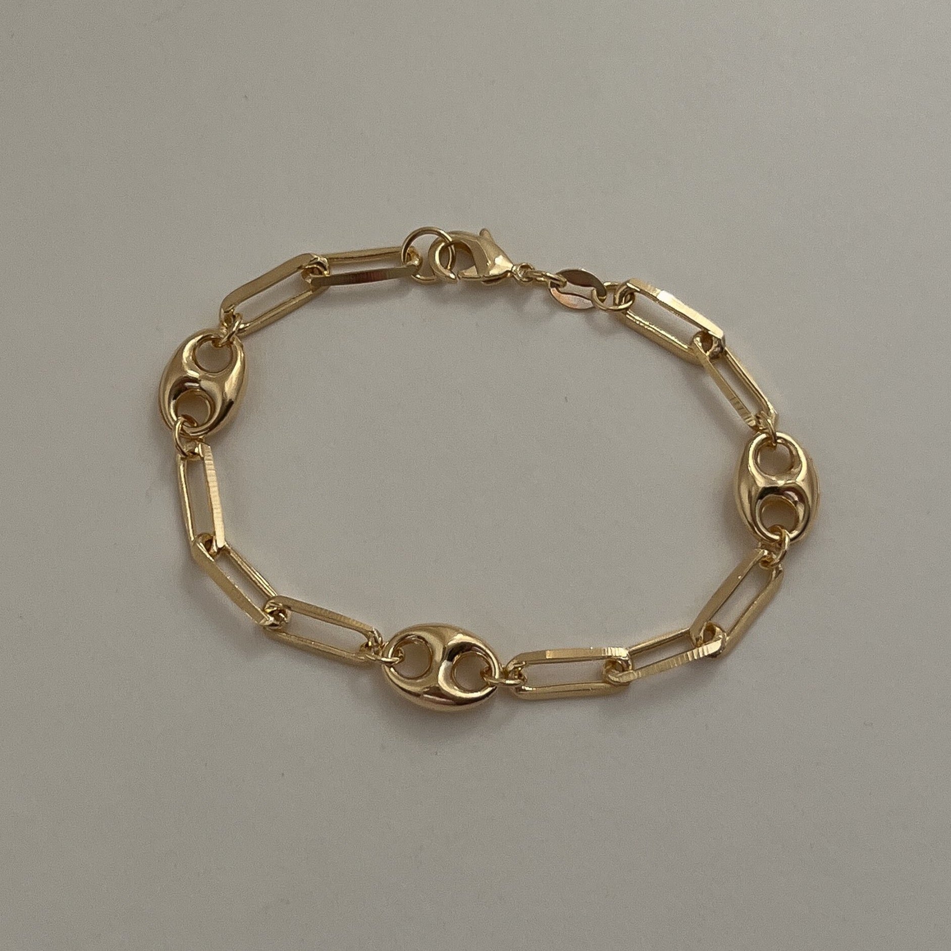 18k Gold Filled trendy mariner link bracelet set into a paperclip link chain