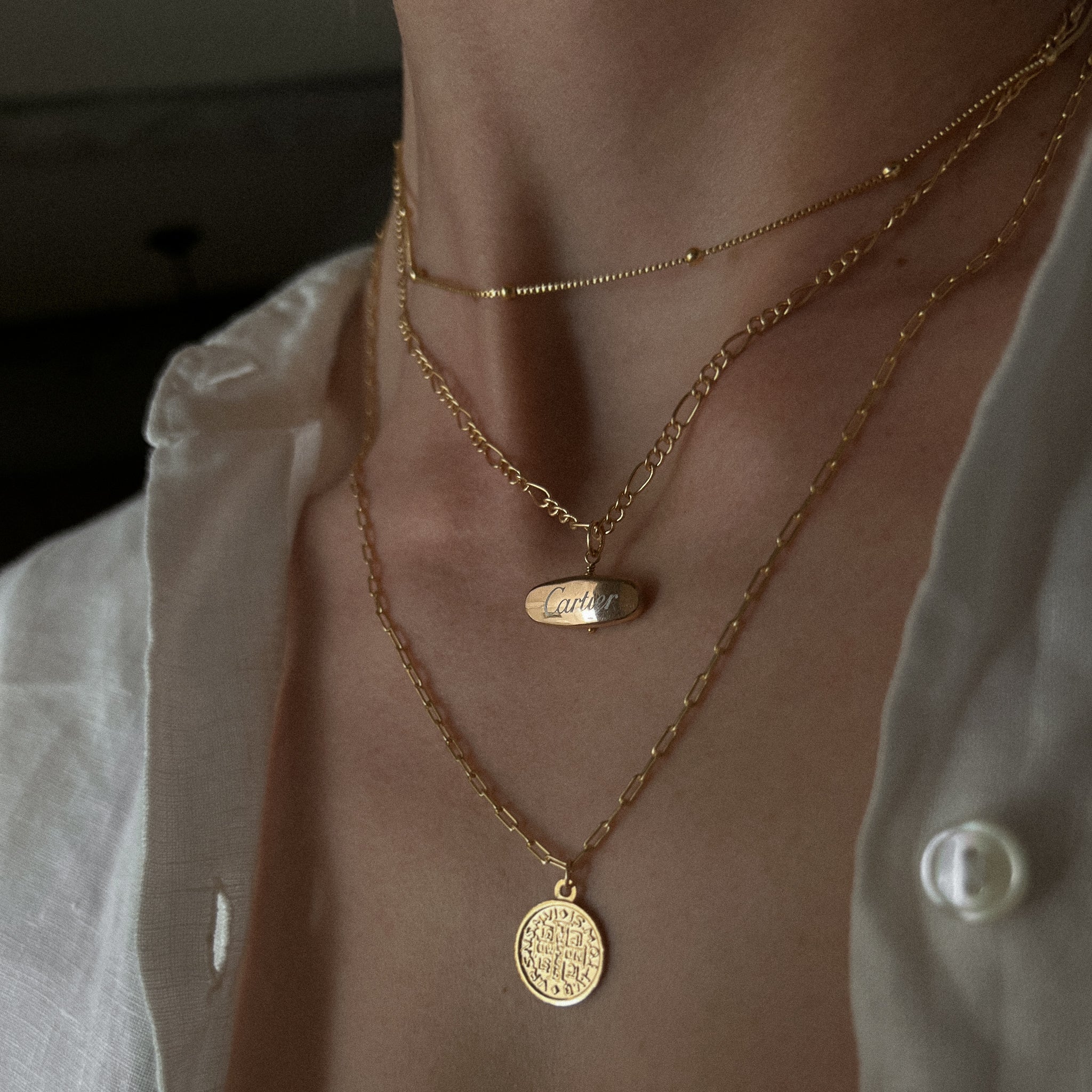 Vintage Authentic Repurposed Designer Cartier Pendant Necklace on 18k Gold Filled Satellite ball Chain