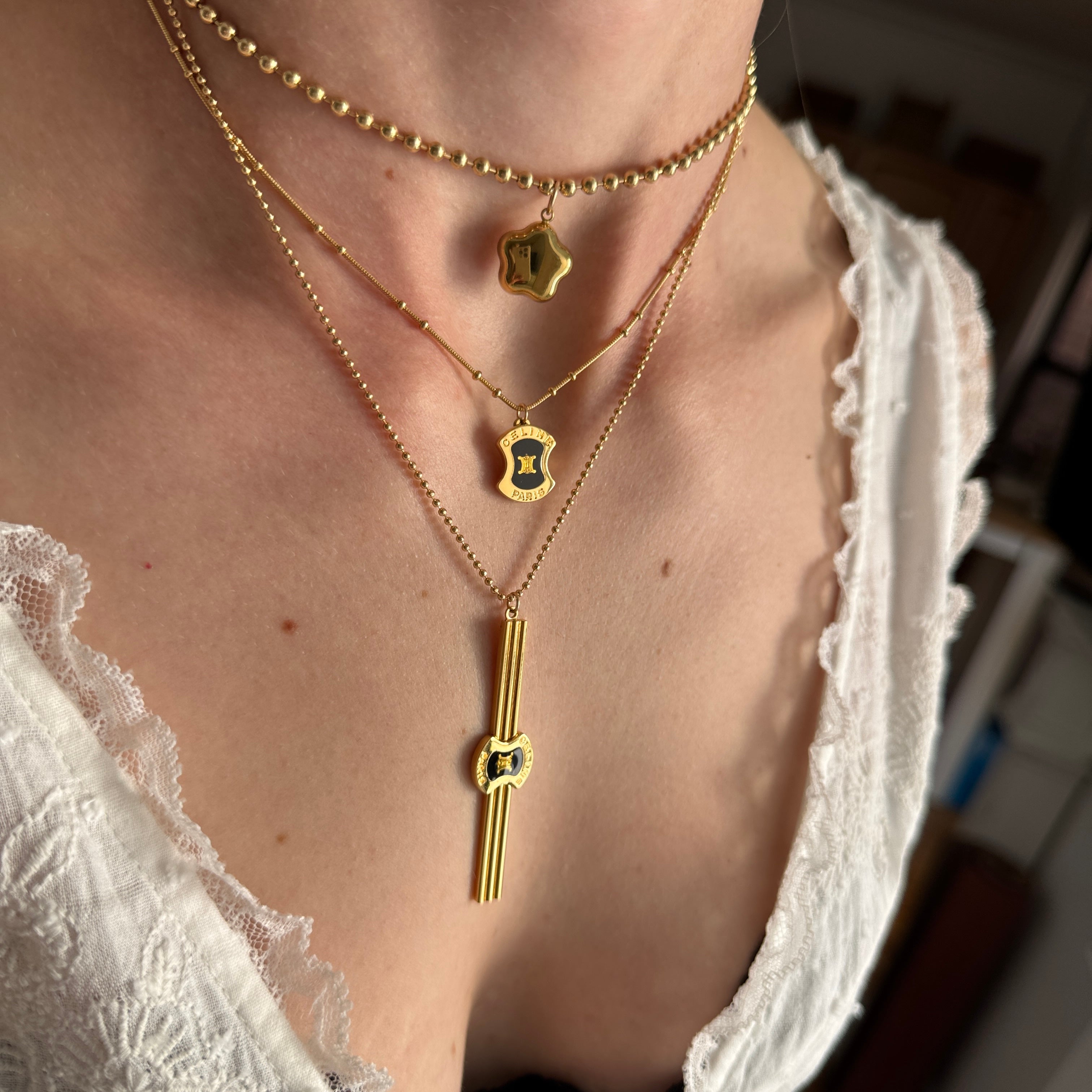 Vintage Repurposed Designer Celine Gold Necklaces on neck