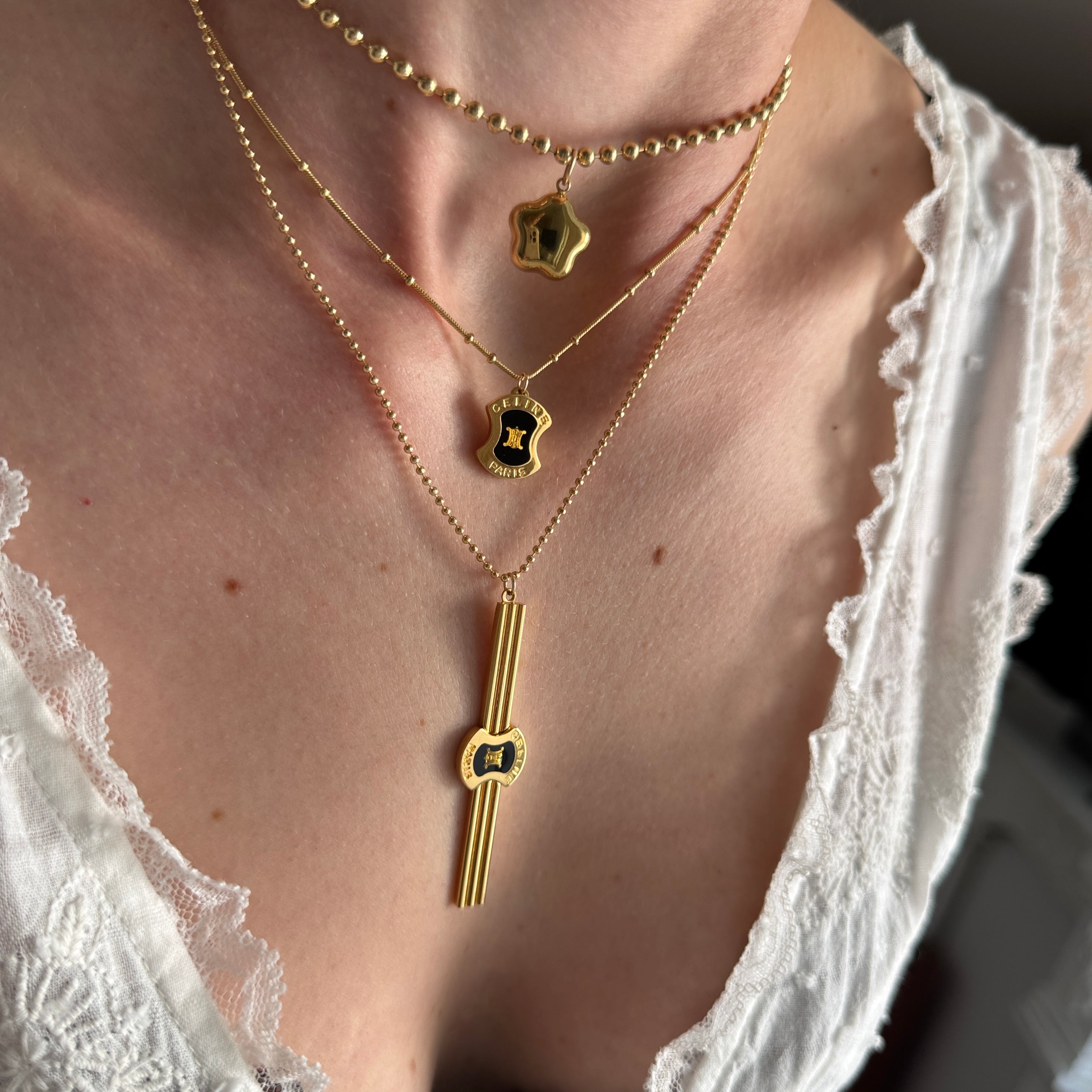 Vintage Repurposed Designer Celine Gold Necklaces on neck