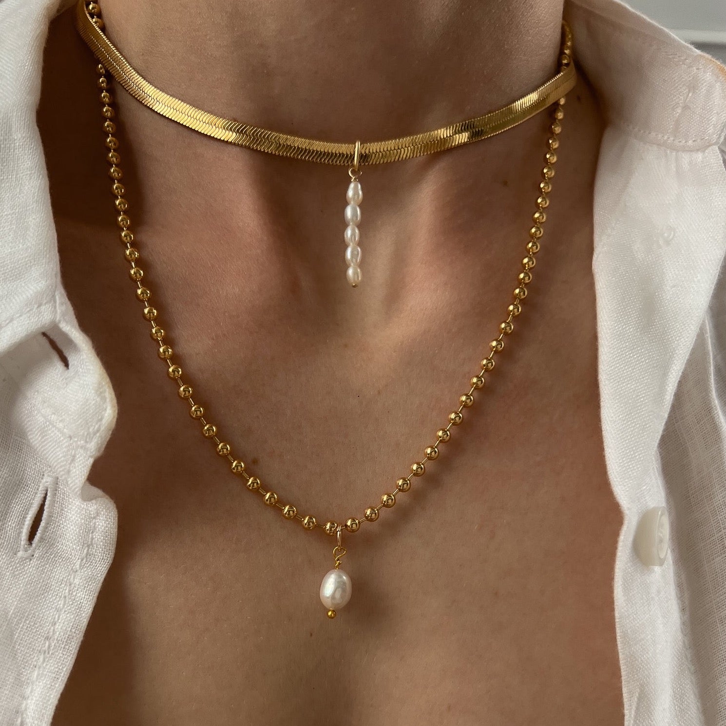 Gold Filled Pearl Drop Charm Herringbone Choker Necklace