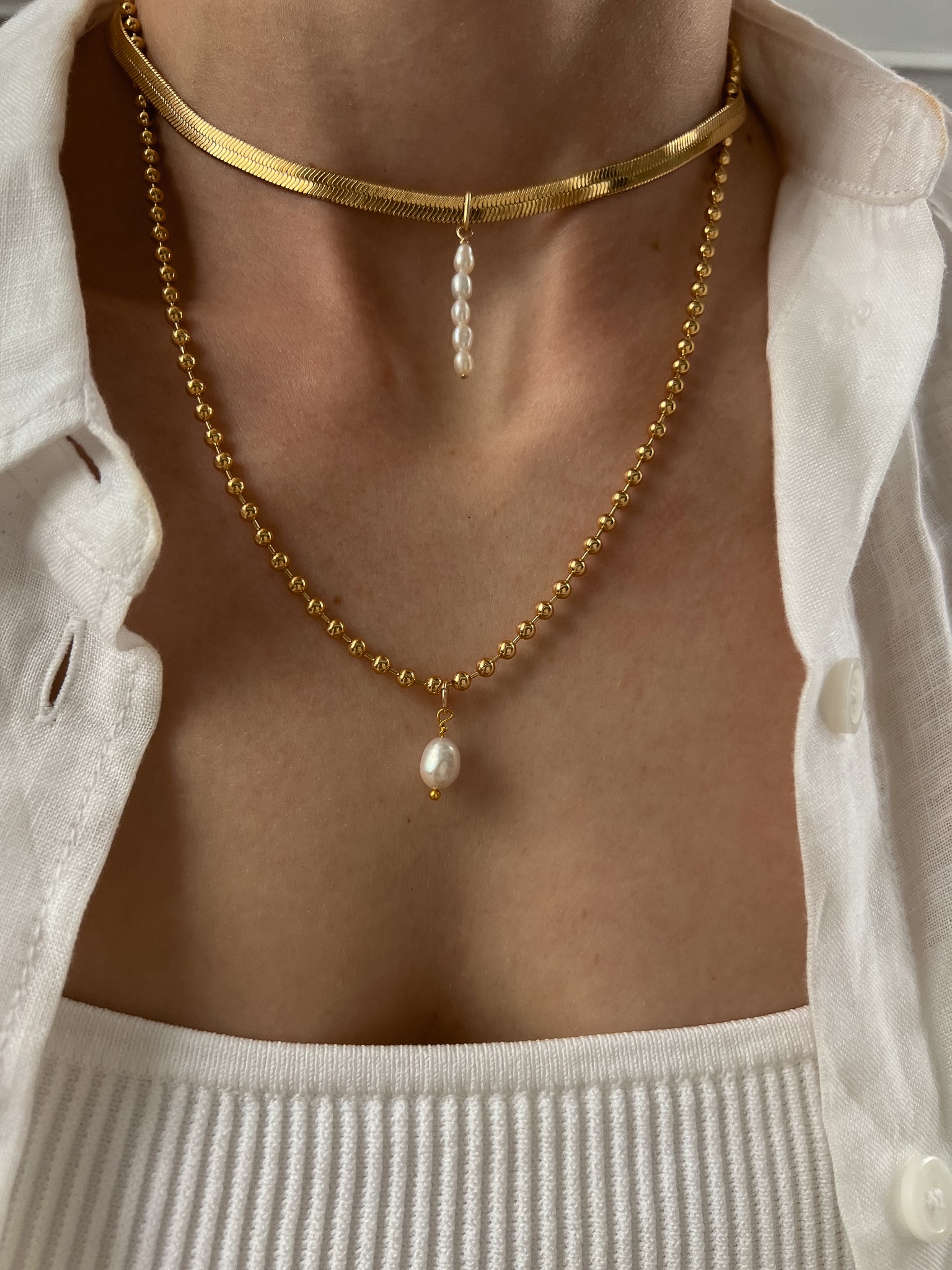 Gold Filled Pearl Keshi Freshwater Charm Ball Chain Necklace