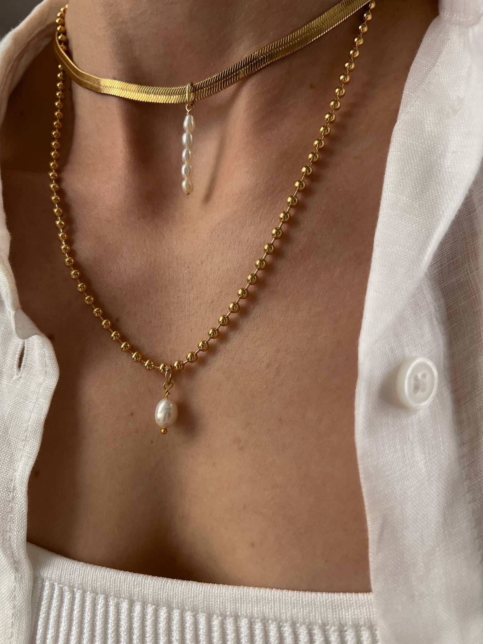 Gold Filled Pearl Keshi Freshwater Charm Ball Chain Necklace